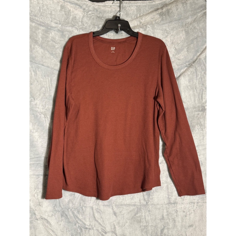Gap‎ Womens XXL Waffle Knit Thermal Long Sleeve Top Rust Brown Scoop Neck Shirt